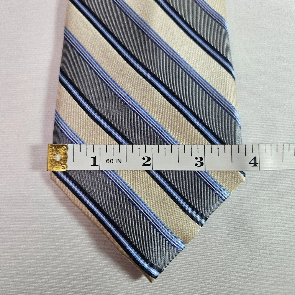Perry Ellis Portfolio 100% Silk Hand Made Tie Gray Gold Stripes‎ 4